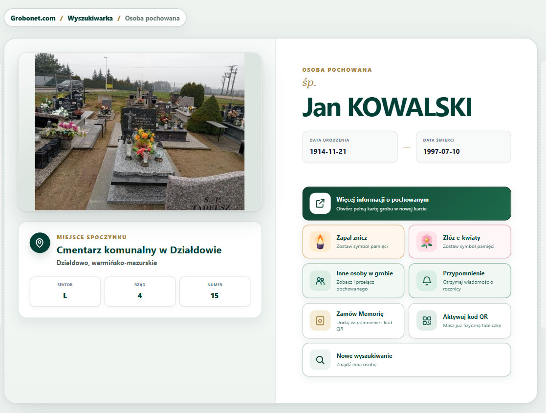 Pamięć w sieci. Jak odnaleźć bliskich i znane osoby 2 Jak znaleźć grób przez Internet – karta grobu w Grobonecie