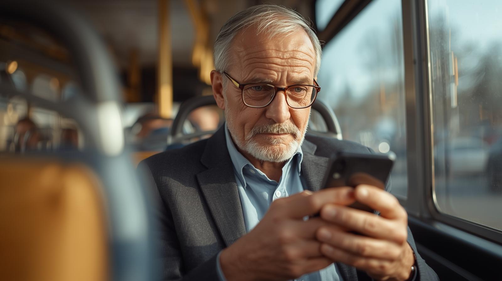 Sprawniejsze korzystanie z komunikacji miejskiej 2 Jak Dojadę komunikacja miejska – senior korzystający ze smartfona