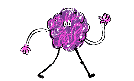 Śmieszna, fioletowa postać z kreskówki o kształcie kuli z oczami, długimi rękami i nogami, machająca do widza.