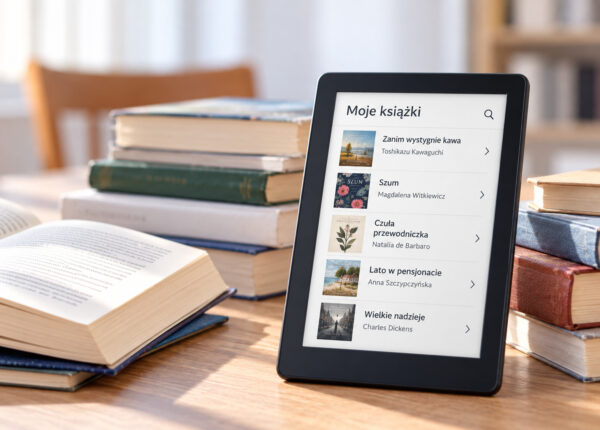 Grafika przedstawia czytnik e-booków z listą książek. W tle widoczne są stosy tradycyjnych książek oraz otwarta książka.