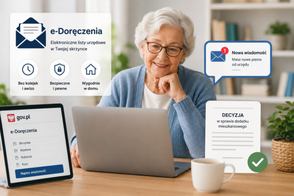 Alt: Seniorka korzysta z e-Doręczeń na laptopie w domu i odbiera elektroniczne pismo z urzędu. Ilustracja pokazuje, jak działają e-Doręczenia dla seniorów – bezpieczne wysyłanie i odbieranie urzędowych wiadomości przez Internet bez wychodzenia z domu.