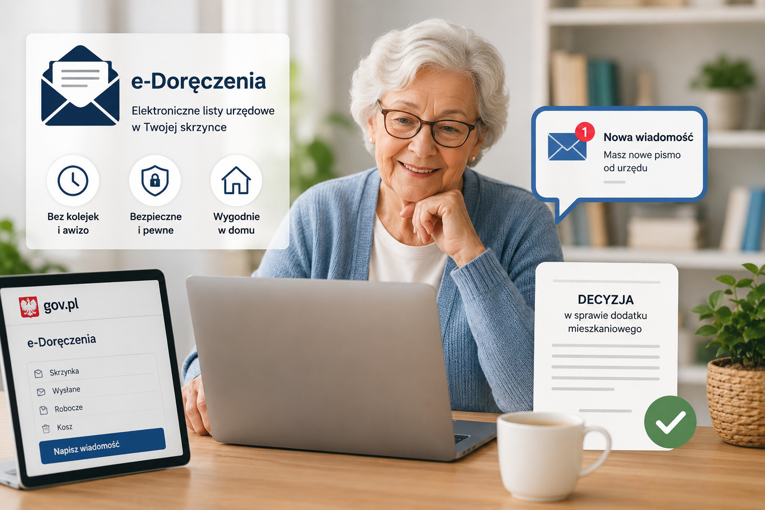 Alt: Seniorka korzysta z e-Doręczeń na laptopie w domu i odbiera elektroniczne pismo z urzędu. Ilustracja pokazuje, jak działają e-Doręczenia dla seniorów – bezpieczne wysyłanie i odbieranie urzędowych wiadomości przez Internet bez wychodzenia z domu.