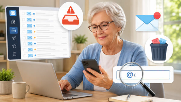 Seniorka korzysta z laptopa i telefonu, porządkuje skrzynkę e-mailową oraz sprawdza adres e-mail, żeby uniknąć pełnej skrzynki i literówek.