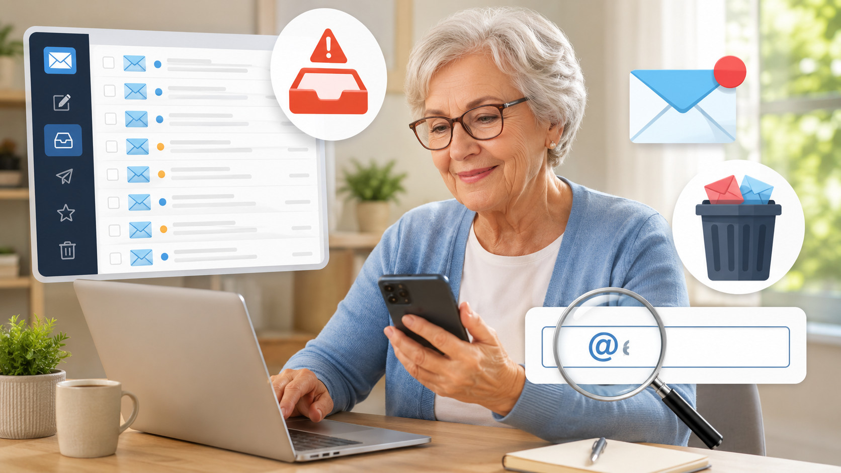 Seniorka korzysta z laptopa i telefonu, porządkuje skrzynkę e-mailową oraz sprawdza adres e-mail, żeby uniknąć pełnej skrzynki i literówek.