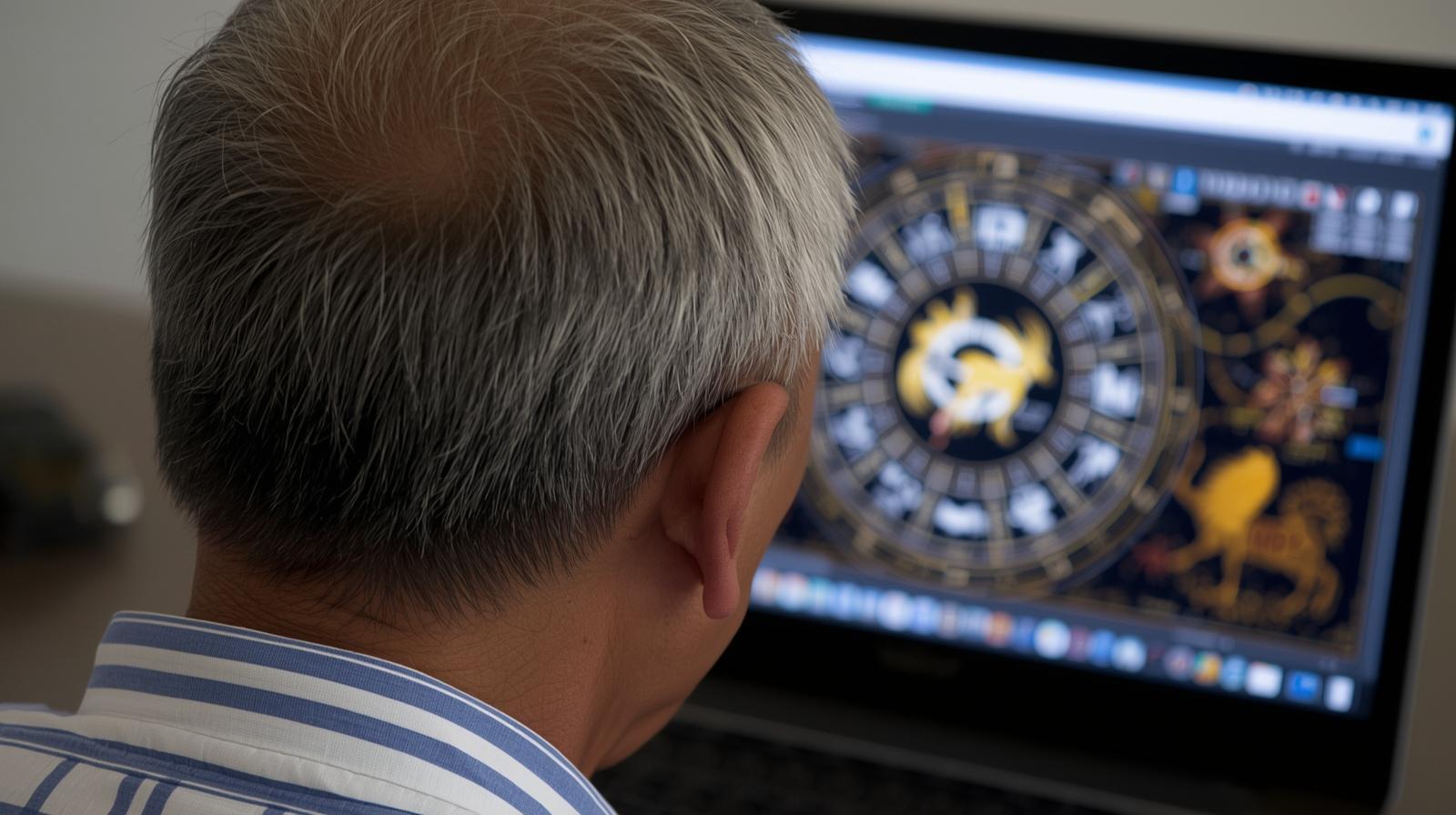 Człowiek siedzi przodem do ekranu laptopa na którym wyświetlana jest grafika z znakami zodiaku, Na pierwszym planie widać tył głowy mężczyzny,