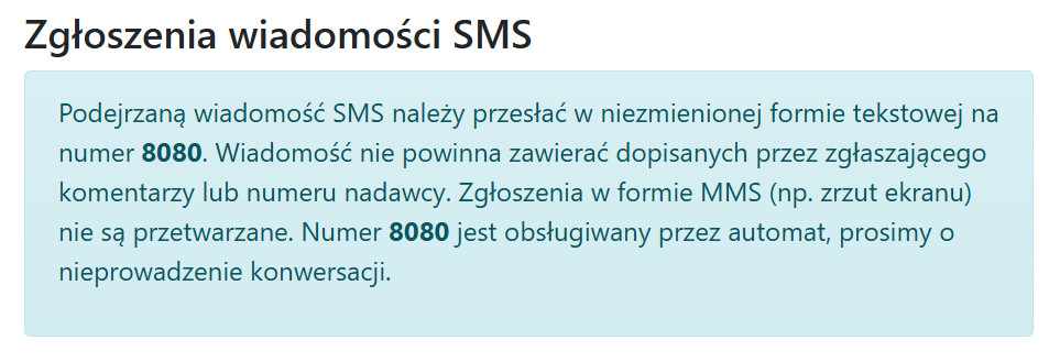 Ważny numer 8080. Dodaj go do kontaktów w telefonie 1 Komunikat CERT Polska o tym, że podejrzaną wiadomość SMS należy przesłać w niezmienionej formie tekstowej na numer 8080, bez komentarzy i bez zrzutu ekranu jako MMS.