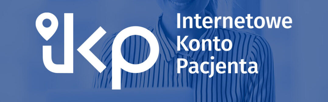 Logo Internetowego Konta Pacjenta (IKP) – po lewej stronie niebieski skrót „ikp” z graficznym elementem przypominającym pinezkę lokalizacji, po prawej napis „Internetowe Konto Pacjenta” w kolorze granatowym.