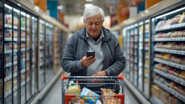 Senior w supermarkecie pcha wózek i sprawdza listę zakupów w aplikacji Listonic