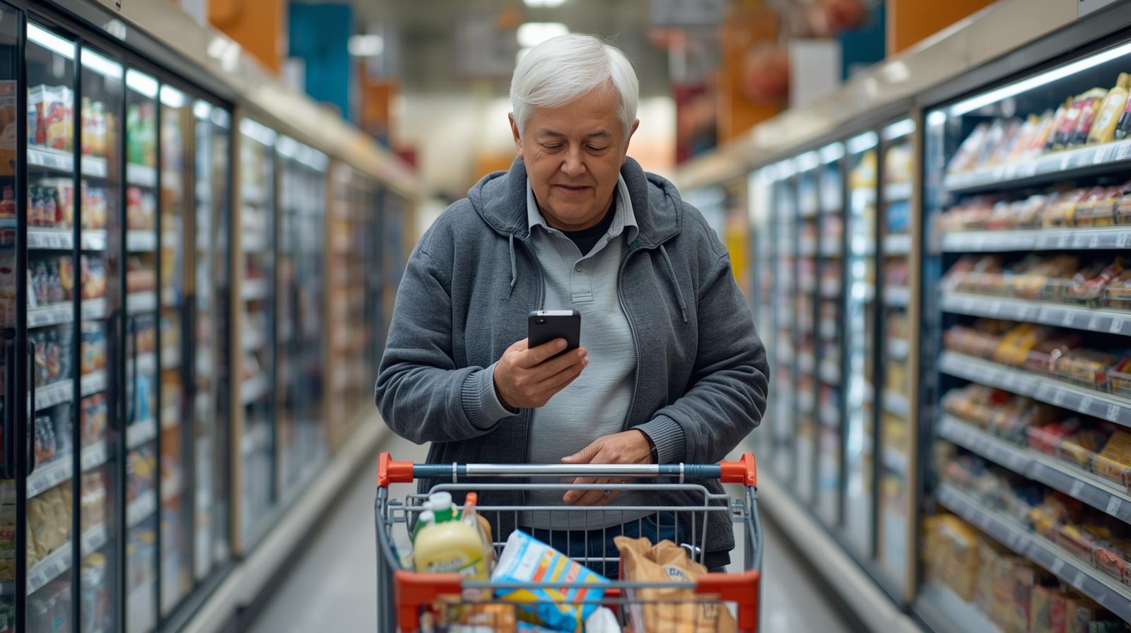 Senior w supermarkecie pcha wózek i sprawdza listę zakupów w aplikacji Listonic