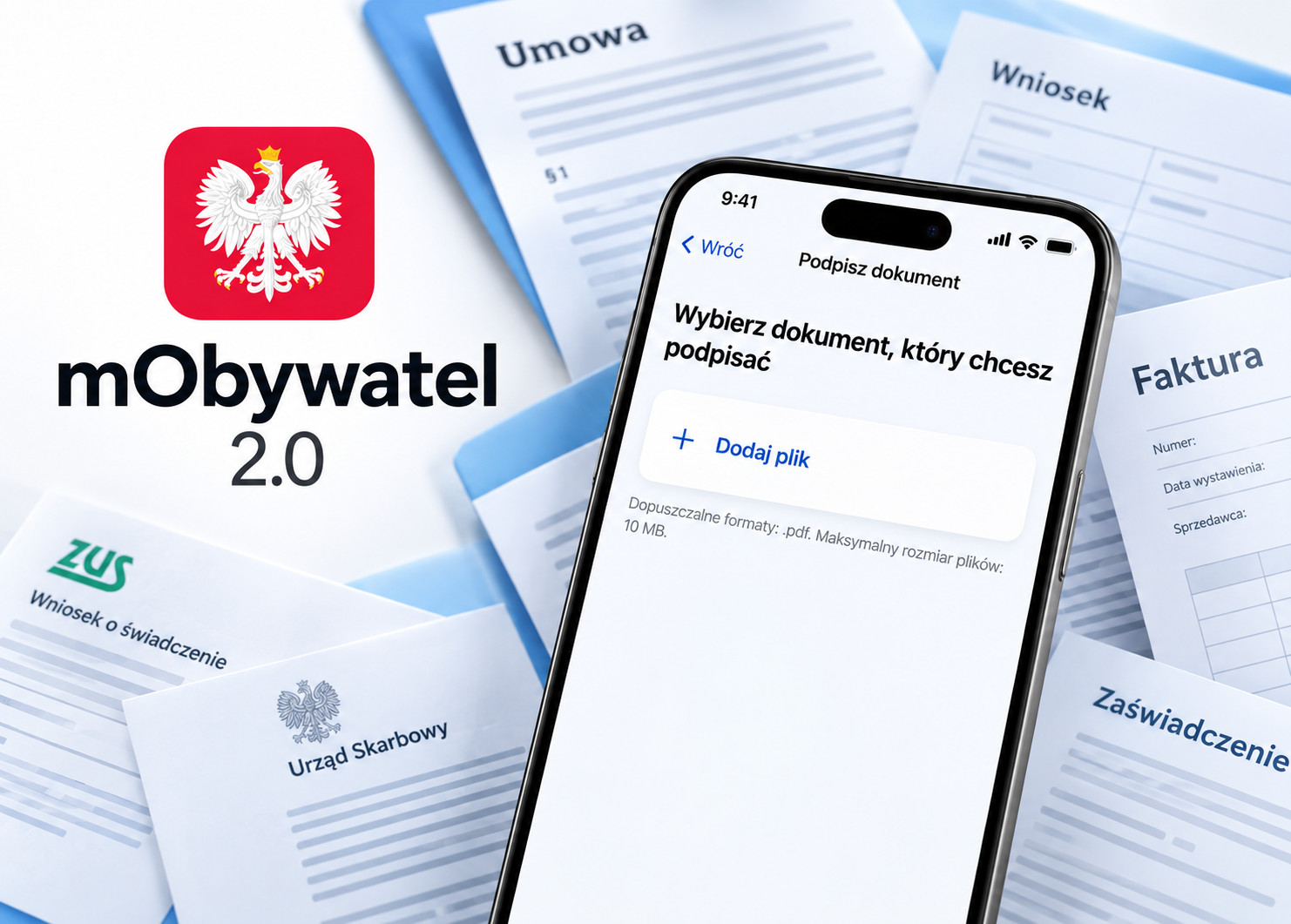 Grafika przedstawia aplikację mObywatel 2.0 z funkcją „Podpisz dokument”. W tle widoczne są różne dokumenty, m.in. umowa, wniosek, faktura i zaświadczenie, które można podpisać elektronicznie.