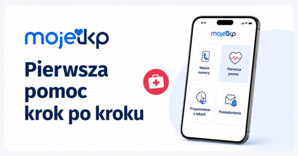 Logo mojeIKP, napis „Pierwsza pomoc krok po kroku” oraz telefon z widocznym kafelkiem „Pierwsza pomoc” w aplikacji mojeIKP.