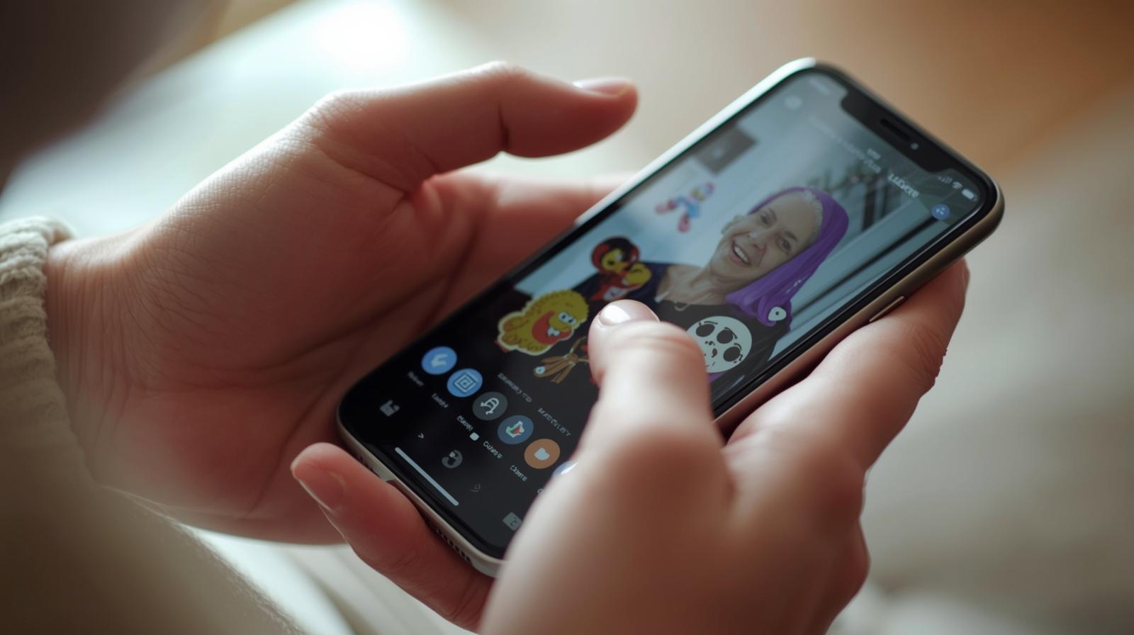 Dwie dłonie obsługują smartphone na którym wyświetla się wizerunek kobiety z różnego typu przylepionymi wirtualnymi naklejkami