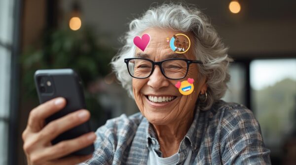 Uśmiechnięta kobieta w okularach trzyma smartphone przed twarzą, Na twarzy wyświetlają jej się różne naklejki z messengera. Zastanawia się jak włączyć tło i filtry w Messengerze i WhatsAppie