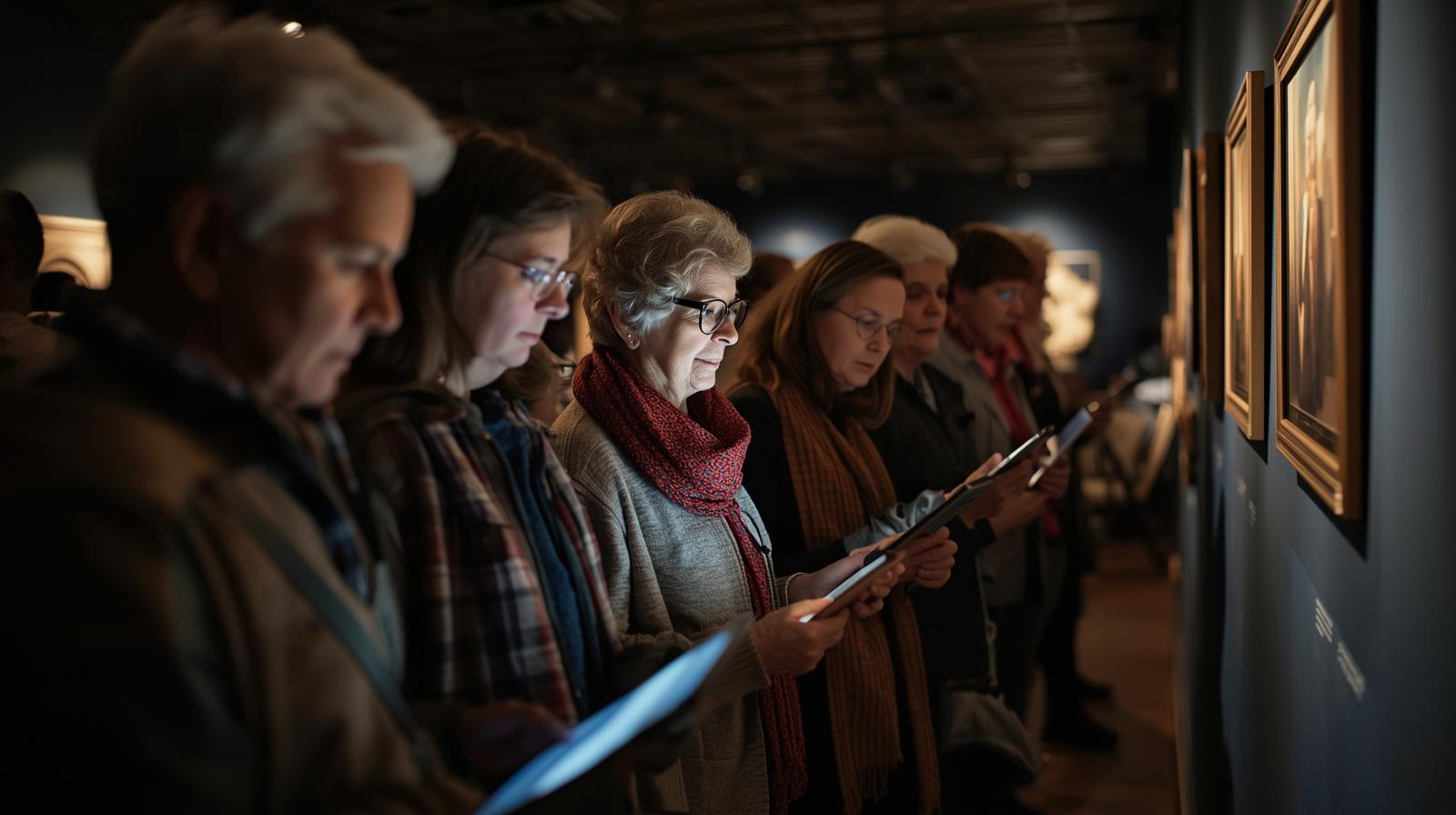 Grupa seniorów stoi przed obrazami w muzeum patrząc w tablety które trzymają w dłoniach które oświetlają ich twarze. 