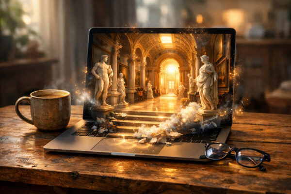 Starsza osoba korzysta z laptopa i ogląda obraz Mona Lisy – wirtualne muzea online i zwiedzanie przez internet