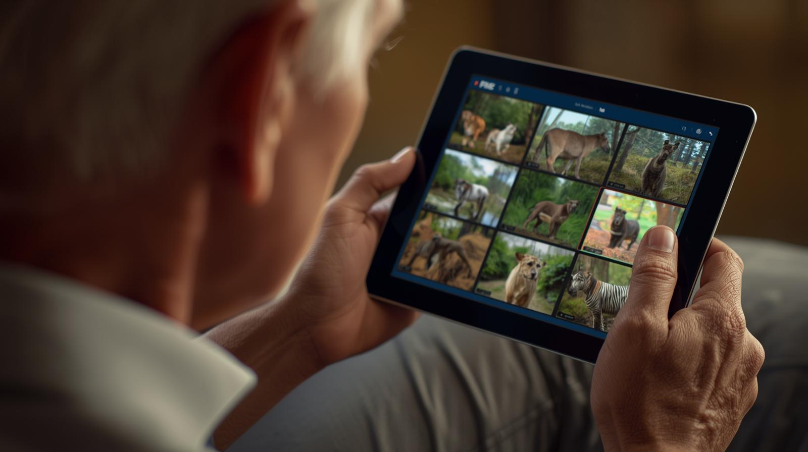 Fragment tyłu głowy seniora trzymającego tablet na którym wyświetlają się okienka z różnymi zwierzętami.